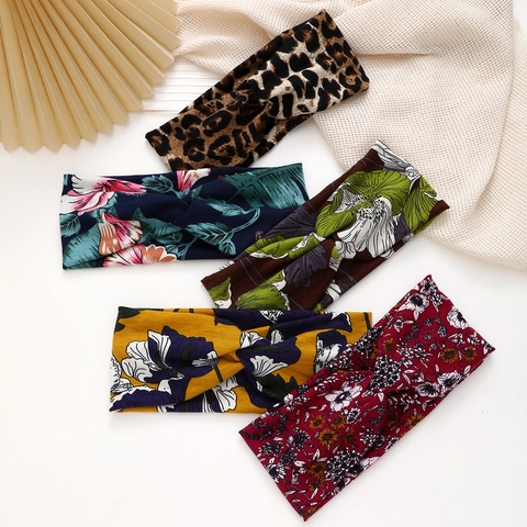 Women Bohemian Printed Twisted Headband Elastic Non-Slip Hair Band Knot Leopard Floral Yoga Sports Hair Accessories