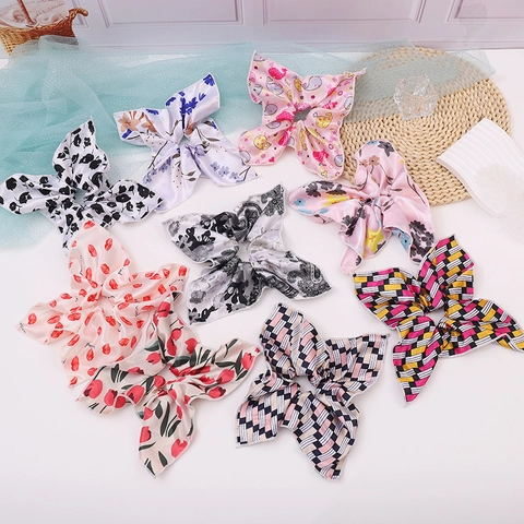 Frisch Süße Blumenmuster Satin Schleife Haargummi Lange Bänder Scrunchie Dekorativ Paisley Geometrisch Haarschmuck Für Damen