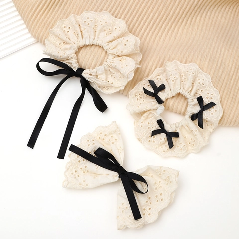 Fermaglio per Capelli in Pizzo Crema Vintage Francese con Fiocco e Elastico con Nastro Eleganti Fiocchi per Capelli per Donna