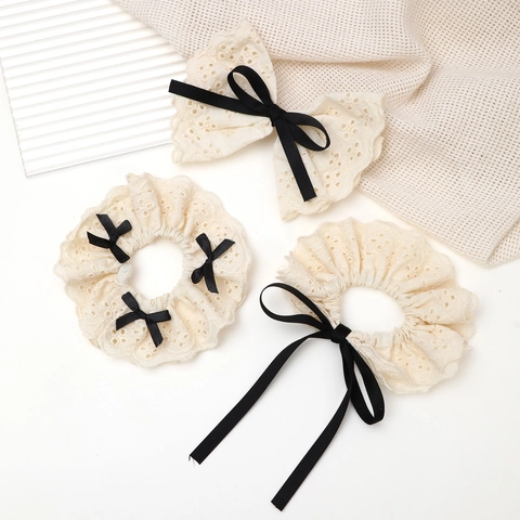 Fermaglio per Capelli in Pizzo Crema Vintage Francese con Fiocco e Elastico con Nastro Eleganti Fiocchi per Capelli per Donna
