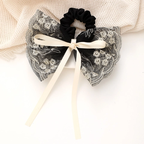 Vintage Schwarzes Spitze Schleife Haargummi Mit Weißer Blumenstickerei Und Satinband Für Damen Süßer Ponytail Haarschmuck