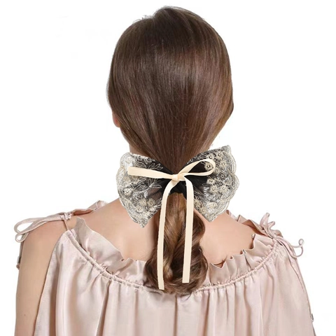Vintage Schwarzes Spitze Schleife Haargummi Mit Weißer Blumenstickerei Und Satinband Für Damen Süßer Ponytail Haarschmuck