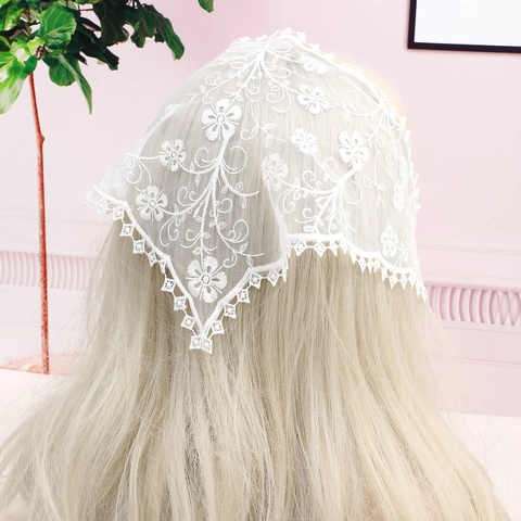 Foulard a Triangolo in Pizzo Pastorale Retrò Francese Ricamato Floreale Mesh Foulard per Capelli con Bordo a Festoncino