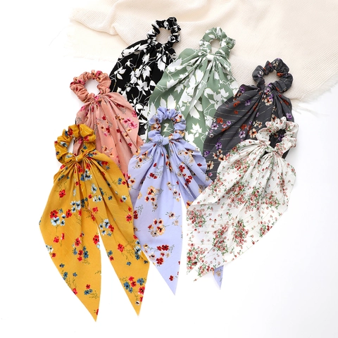 Handmade Floral Printed Long Streamer Scrunchie Fabric Bow Knot Elastic Ponytail Holder Ribbon Hair Ties For Women