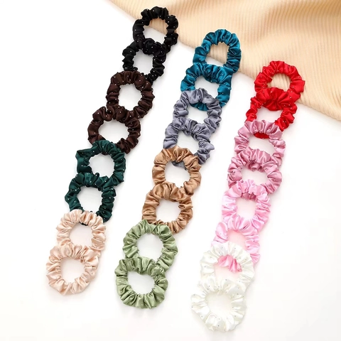 French Vintage Satin Rhinestone Scrunchies Elegant Pleated Hair Ties High Elasticity Solid Color Soft Hair Accessories