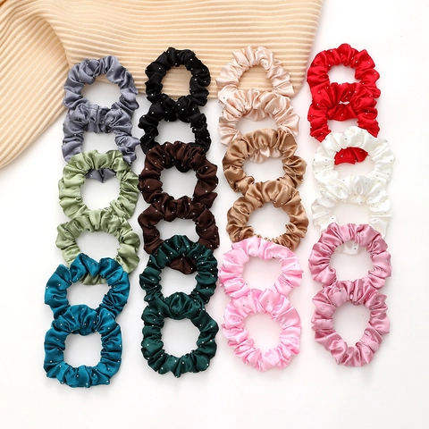 French Vintage Satin Rhinestone Scrunchies Elegant Pleated Hair Ties High Elasticity Solid Color Soft Hair Accessories