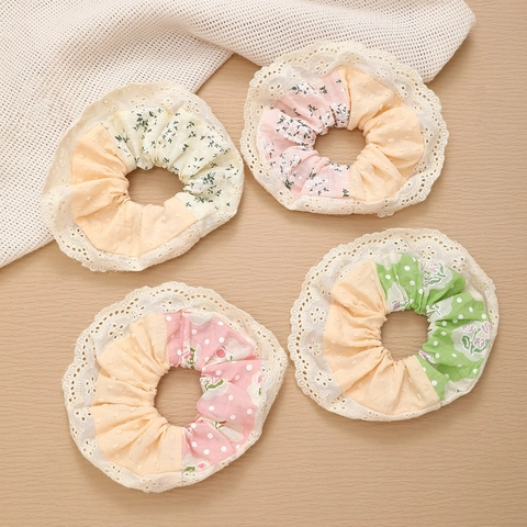 Zoete Florale Patchwork Kant Scrunchies Voor Dames Retro Stippen Geblokte Haarelastiekjes Elegante Stof Ponytail Houder Accessoires