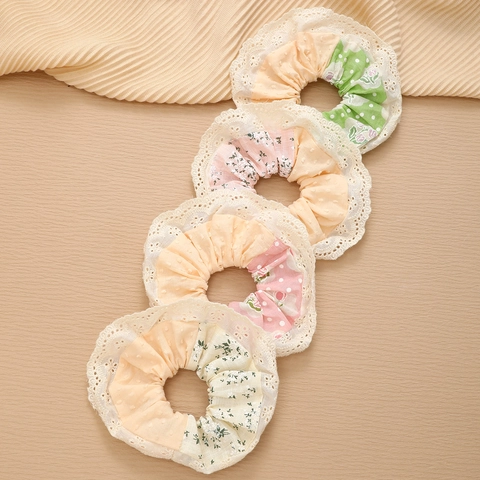 Zoete Florale Patchwork Kant Scrunchies Voor Dames Retro Stippen Geblokte Haarelastiekjes Elegante Stof Ponytail Houder Accessoires