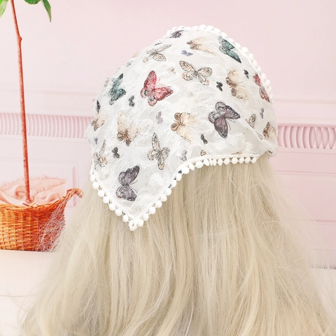 Dames Vlinderprint Kant Haaraccessoires Wit Chiffon Grote Scrunchie Driehoek Kopftuch Strik Lint Paardenstaarthouder
