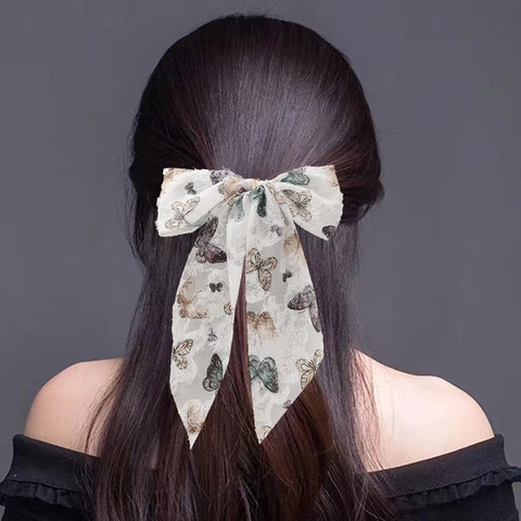 Dames Vlinderprint Kant Haaraccessoires Wit Chiffon Grote Scrunchie Driehoek Kopftuch Strik Lint Paardenstaarthouder