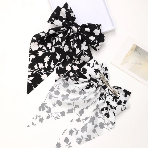 Pinza para el Pelo con Lazo Floral Grande y Cintas Largas Estilo Pastoral Clip de Resorte de Tela Accesorio Elegante para Mujer