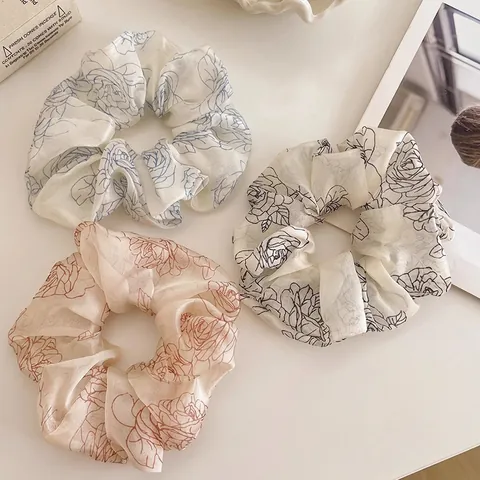 Vintage Floral Camellia Print Scrunchies For Women Handmade Fabric Oversized Hair Ties Elastic Hair Bands Accessories