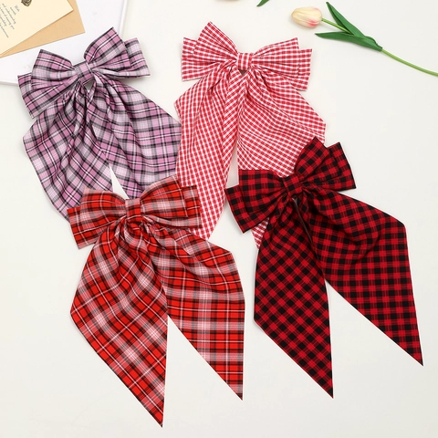 Pinza para el Pelo con Lazo de Cuadros Estilo Coreano Clip de Resorte de Tela con Cinta Larga Soporte de Coleta Elegante Mujer