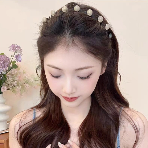 Wave Pattern Anti-Slip Headband For Women With Artificial Pearl Decoration Resin Plastic Elegant Hair Hoop Accessories