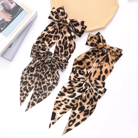 Pinza para el Cabello con Lazo de Leopardo y Cintas Largas Accesorios para Coleta de Tela con Patrón Animal para Mujer