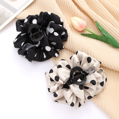 French Vintage Polka Dot Fabric Hair Claw Clip Large Satin Texture Bubble Shark Clip For Women Hair Accessory