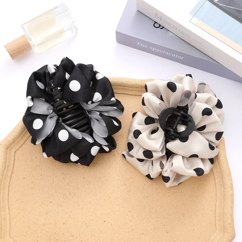 French Vintage Polka Dot Fabric Hair Claw Clip Large Satin Texture Bubble Shark Clip For Women Hair Accessory