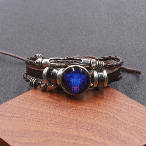 Vintage Twelve Zodiac Sign Luminous Leather Bracelet Multilayer Woven Beaded Starry Sky Couple Hand Rope Jewelry Gift