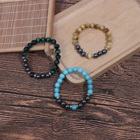 Natural Tiger Eye Stone Beaded Bracelet With Hematite Alloy Spacers Elastic Hand Jewelry For Men Women Daily Vintage Style