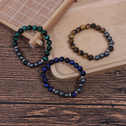 Natural Tiger Eye Stone Beaded Bracelet With Hematite Alloy Spacers Elastic Hand Jewelry For Men Women Daily Vintage Style