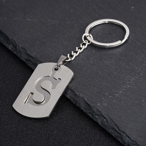 Minimalist Stainless Steel Alphabet Letter Keychain Rectangular Hollow Out Brushed Metal Key Ring For Men Women Gift