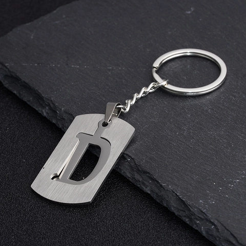 Minimalist Stainless Steel Alphabet Letter Keychain Rectangular Hollow Out Brushed Metal Key Ring For Men Women Gift