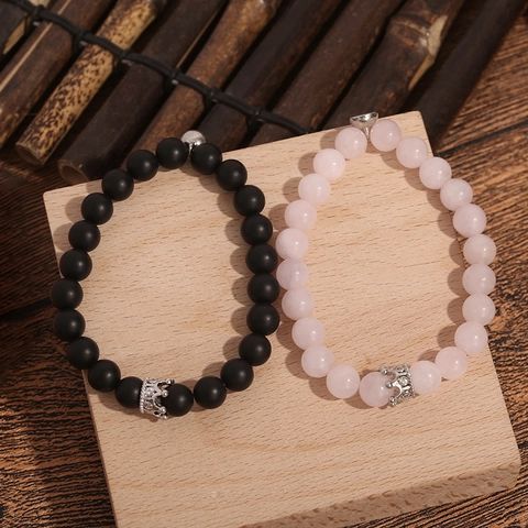 Couple Magnetic Attraction Beaded Bracelet Alloy Rhinestone Crown Black Agate Pink Quartz Stretch Bracelet Jewelry Gift