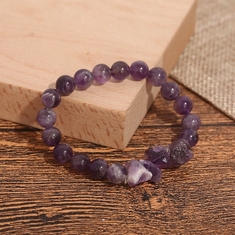 Bracciale di Perle Rotonde in Pietra Scheggiata di Ametista Naturale per Uomo Donna Bracciale in Lega di Corda Elastica Minimalista Regalo di Gioielli