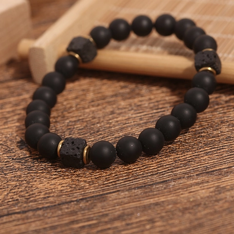 Vintage Lava Stone Black Onyx Beaded Bracelet For Men Retro Square Volcanic Stone Alloy Spacers Handmade Fashion Wristband Jewelry