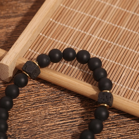 Vintage Lava Stone Black Onyx Beaded Bracelet For Men Retro Square Volcanic Stone Alloy Spacers Handmade Fashion Wristband Jewelry