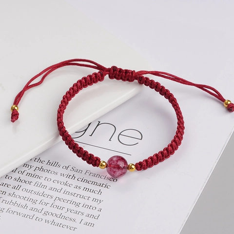 Handgefertigtes Naturstein Armband Geflochten Rot Schwarz Obsidian Erdbeerquarz Verstellbar Paar Schmuck Glücksgeschenk