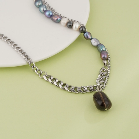 Collar de Acero Inoxidable de Nuevo Estilo Chino Con Perla de Agua Dulce y Colgante de Cuarzo Ahumado Cadena Empalmada Joyería Retro Unisex