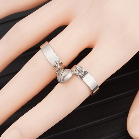 Alloy Magnetic Heart Couple Rings Minimalist Adjustable Silver Color Matching Rings For Lovers Friends Jewelry Gift
