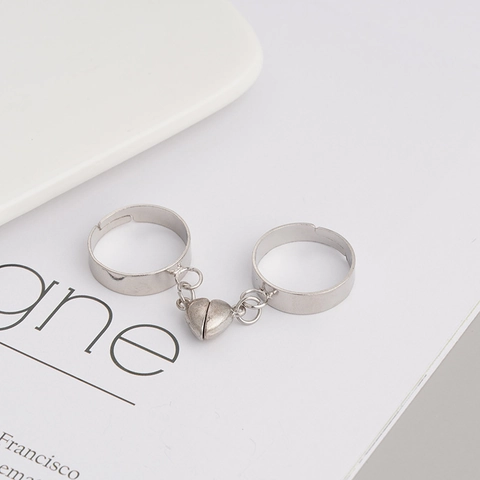 Alloy Magnetic Heart Couple Rings Minimalist Adjustable Silver Color Matching Rings For Lovers Friends Jewelry Gift
