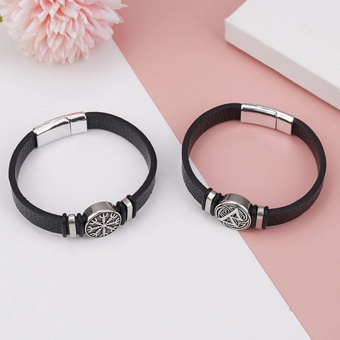 Vintage Viking Braided Leather Bracelet For Men Alloy Stainless Steel Magnetic Buckle Nordic Vegvisir Valknut Punk Jewelry