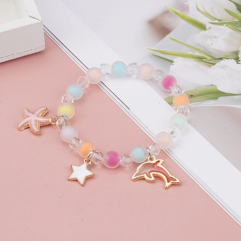 Sweet Cartoon Beaded Bracelet For Girls Alloy Artificial Pearl Glass Beads Drip Oil Dolphin Bee Moon Starfish Jewelry