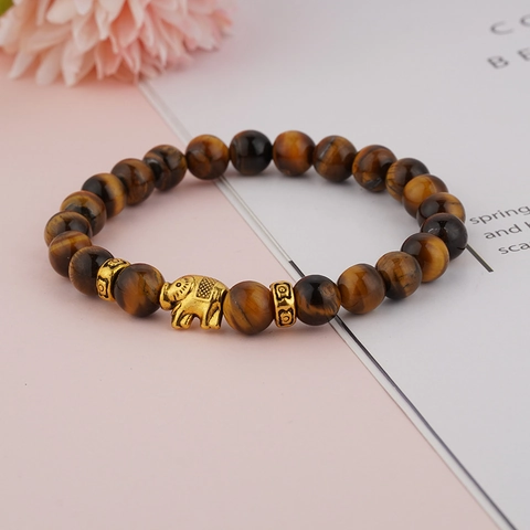 Natural Tiger Eye Stone Beaded Bracelet Golden Elephant Pendant Alloy Beads Elastic Fashion Jewelry For Men Women Daily Gift