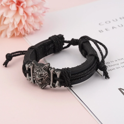Bracciale in Pelle Intrecciata con Testa di Lupo Retro Punk Uomo Charm Animale in Lega Polsino Avvolgente Regolabile Gioielli