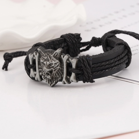 Bracciale in Pelle Intrecciata con Testa di Lupo Retro Punk Uomo Charm Animale in Lega Polsino Avvolgente Regolabile Gioielli