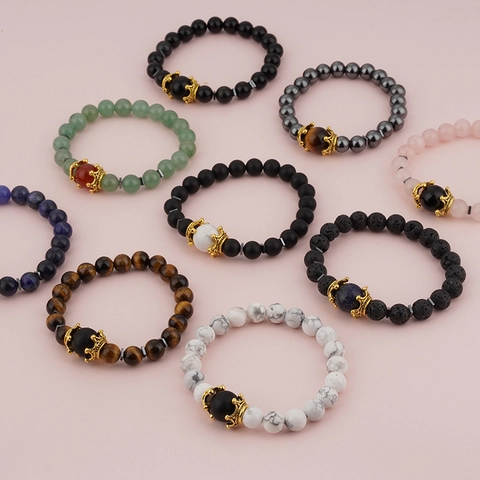 Fashion Retro Men Crown Tiger Eye Stone Beaded Bracelet Luxury Natural Stone Alloy Beads Elastic String Bracelet Jewelry Gift