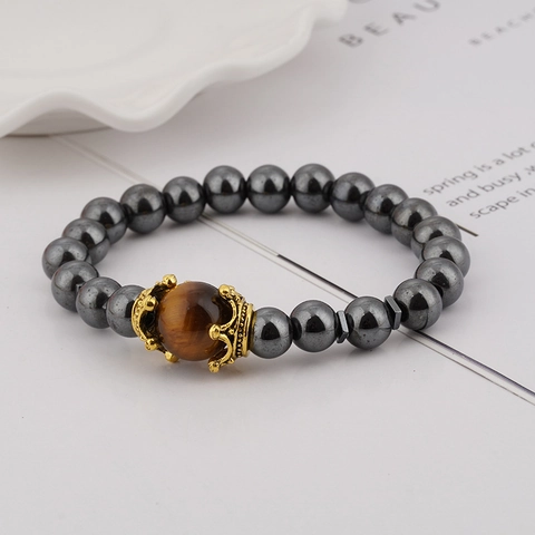 Fashion Retro Men Crown Tiger Eye Stone Beaded Bracelet Luxury Natural Stone Alloy Beads Elastic String Bracelet Jewelry Gift