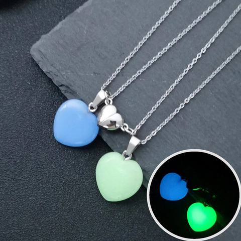 Luminous Natural Stone Hexagonal Prism Necklace Magnetic Heart Couples Jewelry Set Alloy Stainless Steel Chain Glowing Gift