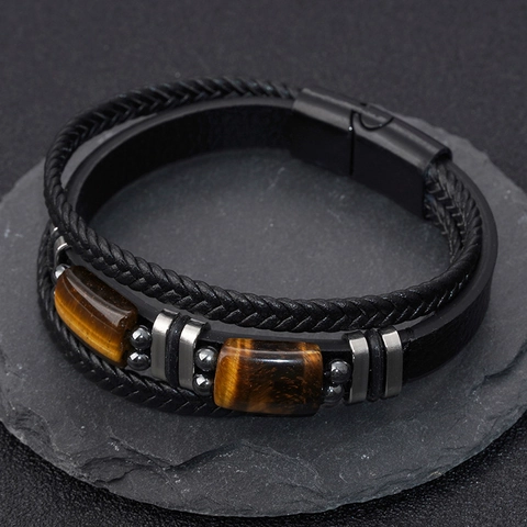 Herren Geflochtenes Leder Tigerauge Stein Armband Edelstahl Magnetverschluss Vintage Punk Mehrlagiges Wickelarmband Schmuck