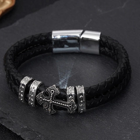 Men Punk Braided Microfiber Leather Bracelet Alloy Magnetic Clasp Viking Cross Runes Celtic Knot Retro Unisex Handband