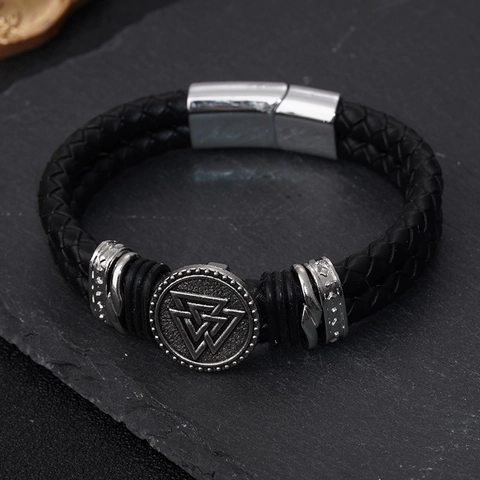Men Punk Braided Microfiber Leather Bracelet Alloy Magnetic Clasp Viking Cross Runes Celtic Knot Retro Unisex Handband