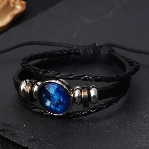 Bracelet Rétro en Cuir Tressé 12 Signes du Zodiaque Perles Lumineuses Constellation Bracelet de Couple Verseau Bélier Bijoux Cadeau