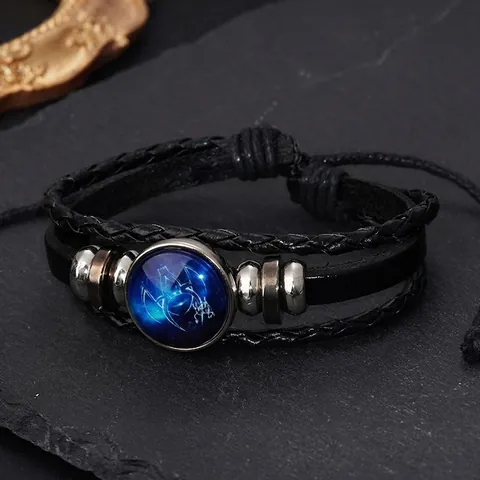 Bracelet Rétro en Cuir Tressé 12 Signes du Zodiaque Perles Lumineuses Constellation Bracelet de Couple Verseau Bélier Bijoux Cadeau