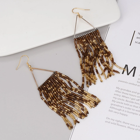 Bohemian Handmade Seed Bead Tassel Earrings For Women Stainless Steel Triangle Geometric Ethnic Style Jewelry Gift