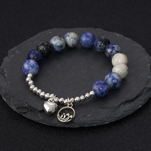 Natural Stone Beaded Bracelet With Alloy Heart And Wave Pendants Bohemian Ethnic Style Jewelry For Men Women Couple