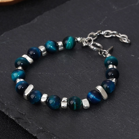 Bracelet en Perles de Pierre Naturelle Œil de Tigre Acier Inoxydable Style Malachite Bijoux de Main pour Homme Femme Unisexe